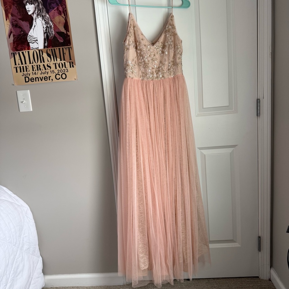 Adrianna Papell Pink/Peach Beaded Prom Gown With Layered Bottom. Size 6. Used.